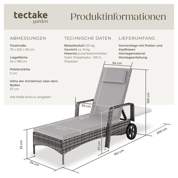 Rattan Sonnenliege tectake  200 x 70 x 33 cm widerstandsfähig grau/hellgrau