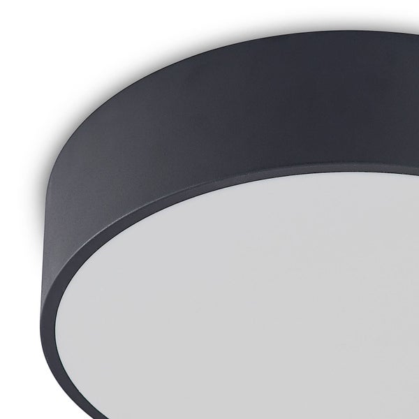 Nahaufnahme einer runden Deckenleuchte mit schwarzem Metallrahmen und weißem Diffusor.