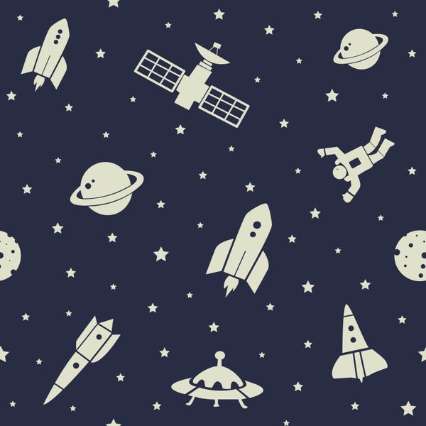 Muster mit Raketen, Satelliten, Astronauten, Sternen und Planeten