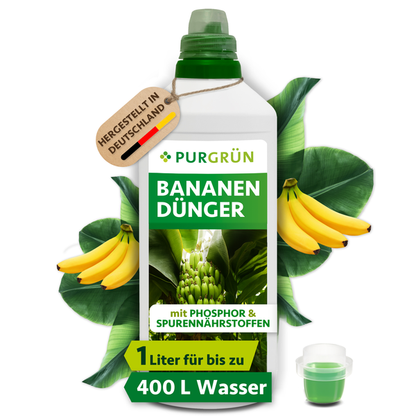 Purgrün Bananendünger in der 1 Liter Flasche mit Phosphor und Spurennährstoffen, hergestellt in Deutschland, ergiebig für 400 Liter Wasser.