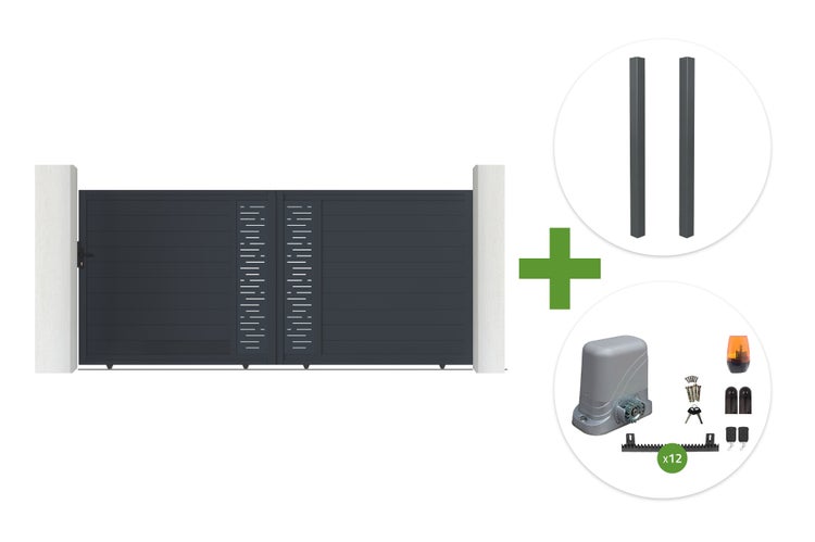 Schiebetor-Set inklusive anthrazitfarbenem Tor mit Lamellen, zwei Torpfosten und elektrischem Torantrieb mit Zubehör.