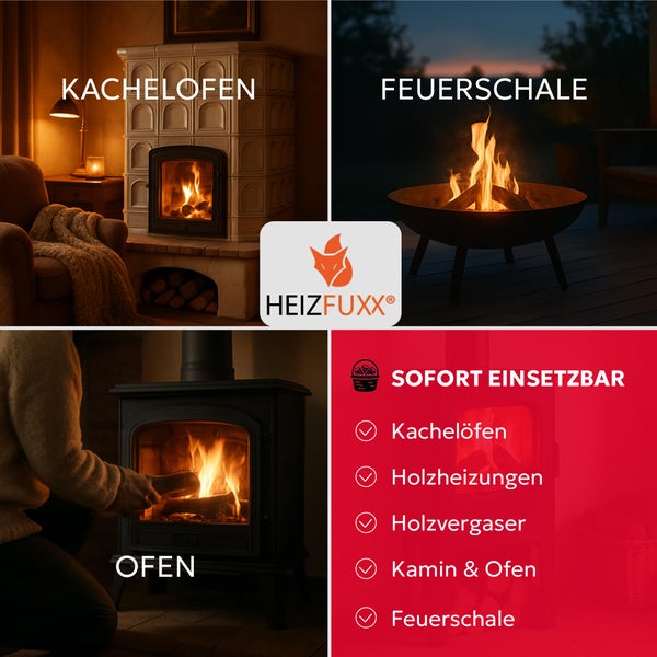 Heizfuxx Brennholz für Kachelofen, Feuerschale und Ofen. Sofort einsatzbereit für Kachelöfen, Holzheizungen, Holzvergaser, Kamine und Feuerschalen.
