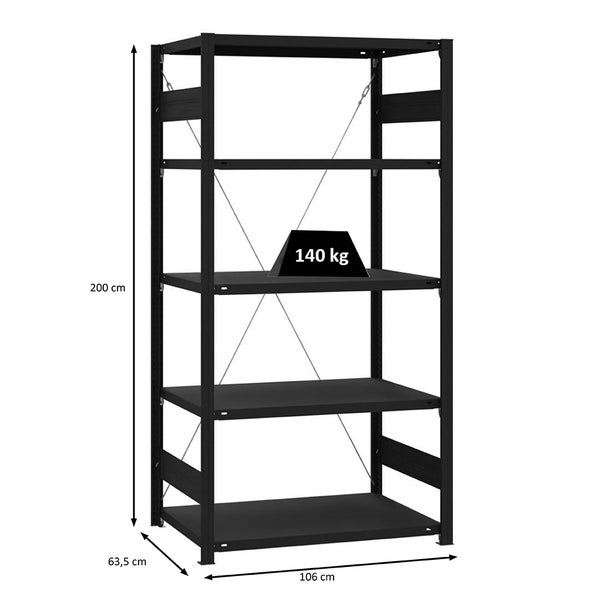 PROREGAL Wohnregal Motemo Made In Germany HxBxT 200x100x60 cm 5 Ebenen Je 150 kg Fachlast Matt & Schwarz