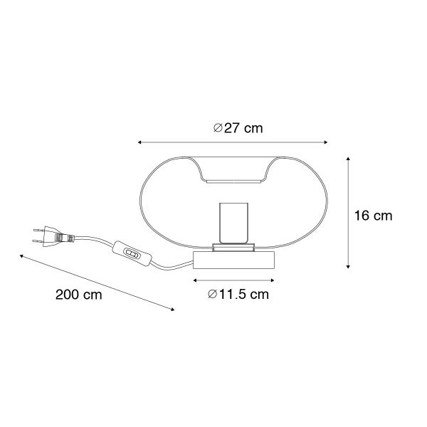 Maße einer Lampe, Durchmesser 27 cm, Höhe 16 cm, Kabellänge 200 cm