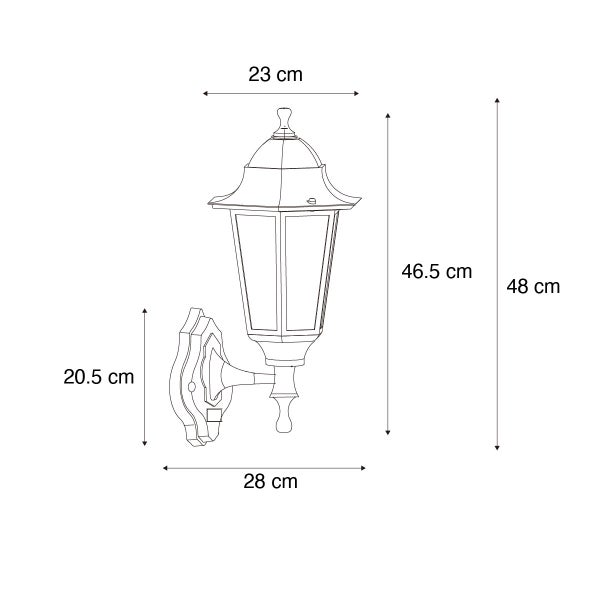 Maßskizze Außenwandleuchte Laterne: Höhe 48 Zentimeter, Breite 23 Zentimeter, Tiefe 28 Zentimeter, Wandhalterung 20,5 Zentimeter.