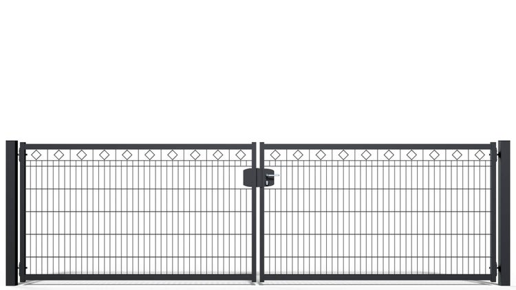 Gartentor ZAUNGURU BASIC-Line Berlin Raute aus Metall, Höhe: 123cm, Breite: 441cm, 2-flügelig inkl. Pfosten, Schloss und Zubehör, Feuerverzinkt und in RAL 7016 Anthrazitgrau pulverbeschichtet