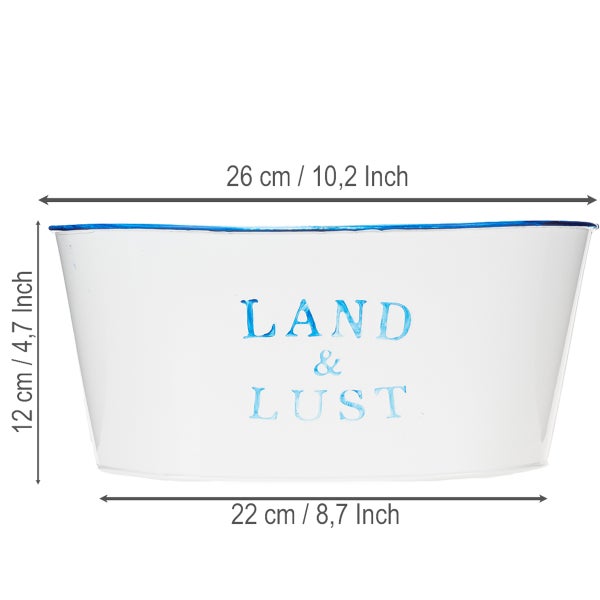 Ovale weiße Pflanzschale aus Metall mit Schriftzug Land und Lust, Breite 26 Zentimeter, Höhe 12 Zentimeter.