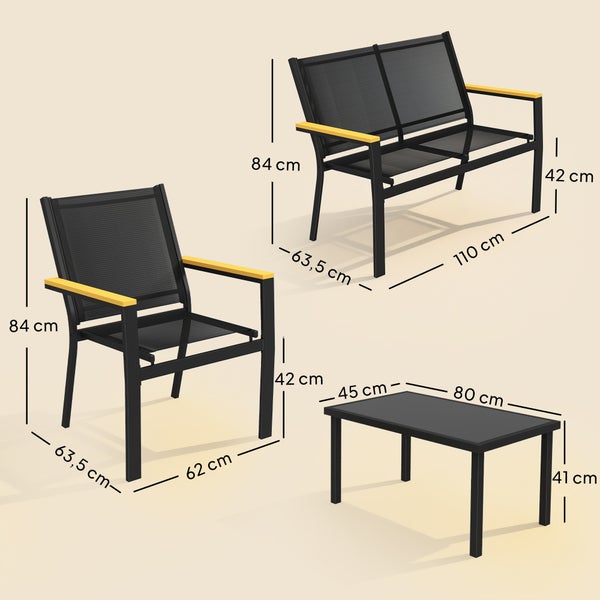 Gartenmöbelset mit Maßen: Sessel 84x62x63,5 Zentimeter, Bank 84x110x63,5 Zentimeter, Tisch 41x80x45 Zentimeter. Sitzhöhe 42 Zentimeter.