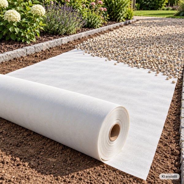 Unkrautvlies auf Rolle beim Verlegen auf einem Gartenweg mit Kies und angrenzendem Blumenbeet.