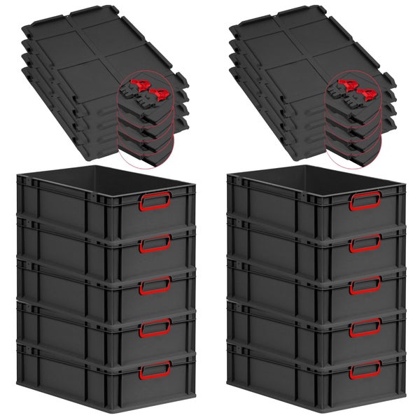 PROREGAL SuperSparSet 10x Eurobox NextGen Color mit Scharnierdeckel und Schiebeschnappverschlüssen, HxBxT 17x40x60cm, 34 Liter, Schwarz, Griffe rot geschlossen, Eurobehälter, Transportbox, Transportbehälter, Stapelbehälter