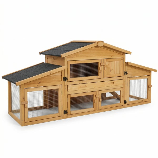 Kleintierstall aus Holz mit Auslaufgehege, zwei Etagen und Bitumendach für Kaninchen oder Meerschweinchen.