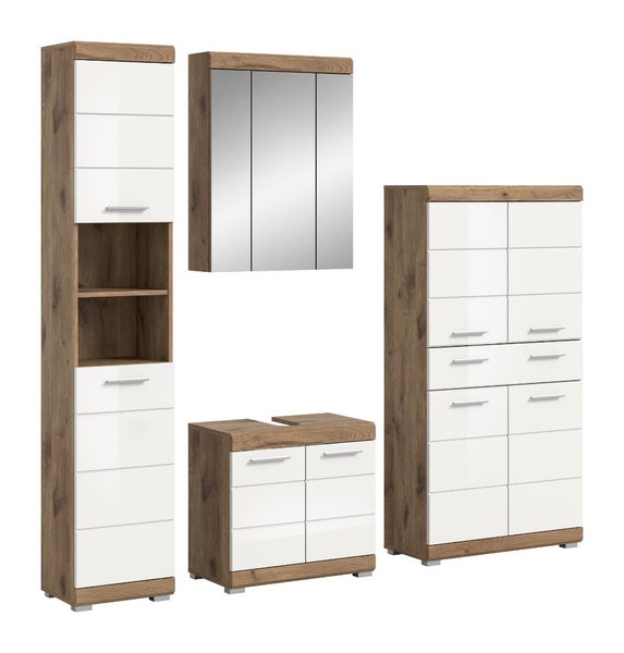 Vier-teiliges Badmöbel-Set mit Korpus in Holzoptik und weißen Fronten: Hochschrank, Spiegelschrank, Waschbeckenunterschrank und Midischrank.