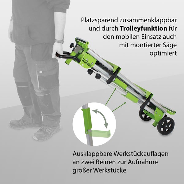 Zusammengeklappter, grüner Sägebock mit Trolleyfunktion und ausklappbaren Werkstückauflagen