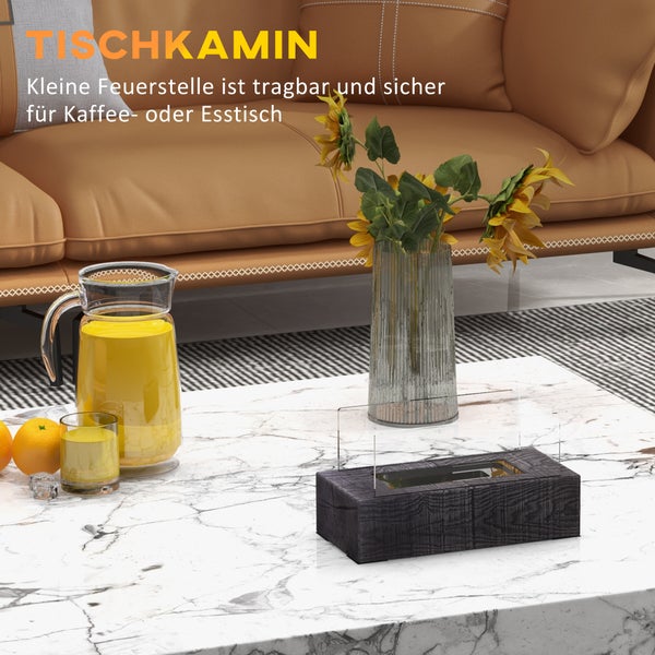 HOMCOM, Ethanol-Kamin, Bio-Ethanol-Brenner, 33L x 16B x 18H cm, Stein, gehärtetes Glas, Grau