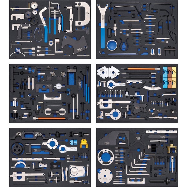 Sechs Werkzeugsortimente mit verschiedenen Werkzeugen für Reparaturen und Wartungsarbeiten