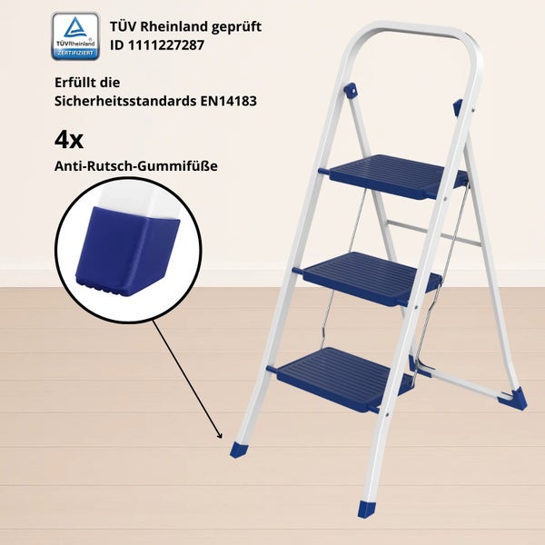 Weiße Haushaltsleiter mit drei Stufen und Anti-Rutsch-Gummifüßen