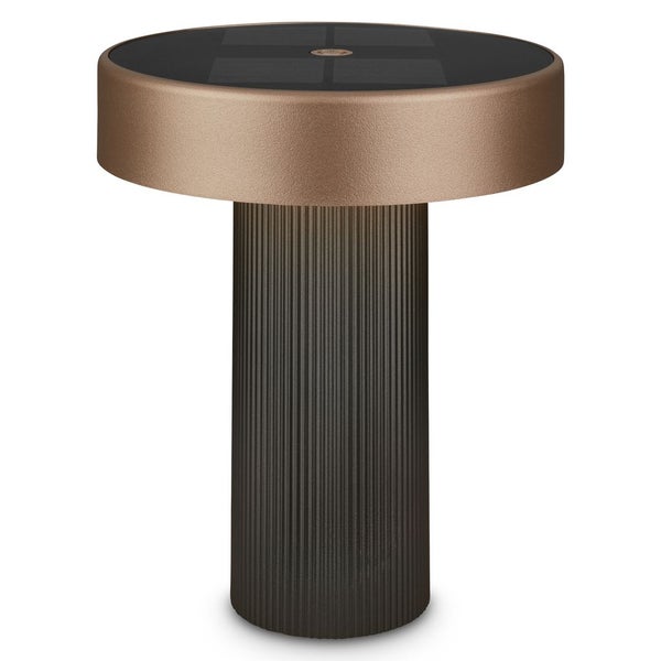 Solar-Sockelleuchte in Bronze mit geripptem zylindrischem Gehäuse und kreisförmigem Solarpanel auf der Oberseite.