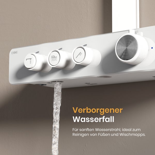 EMKE Duschsystem mit 2 Wasserabläufen, Duschkopf & Handbrause mit 3 Funktionen, modernes Design, 360*485*1120mm, weiß
