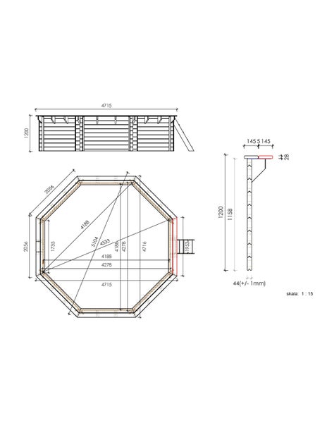 Technische Zeichnung eines Gartenhauses mit Maßangaben