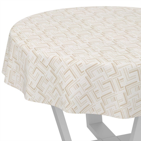 Runde Tischdecke mit einem geometrischen Linienmuster.