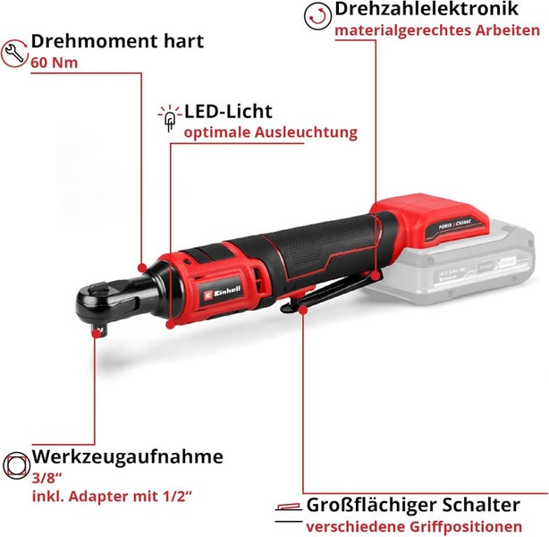Einhell Akku-Ratschenschrauber: 60 Newtonmeter Drehmoment, LED-Licht, Drehzahlelektronik, 3/8 Zoll Aufnahme mit 1/2 Zoll Adapter.