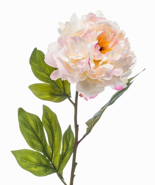 Nahaufnahme einer künstlichen Pfingstrosenblüte aus Textil in Rosa und Weiß.