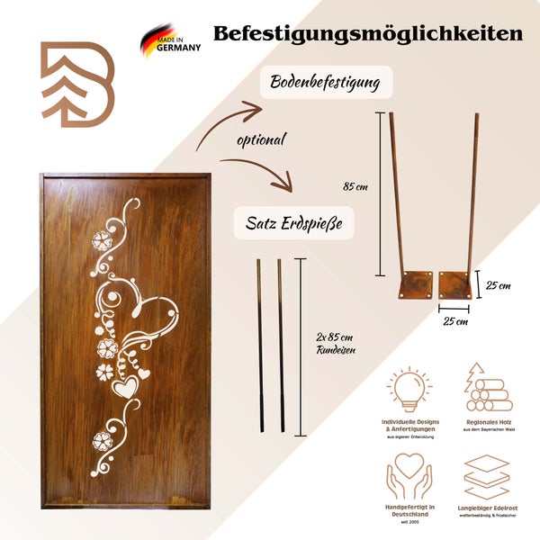 Infografik zur Bodenbefestigung für ein Sichtschutzelement aus Metall mit Edelrostoptik und optionalen Erdspießen oder Rundeisen.