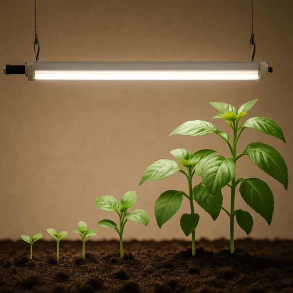 Hängende LED-Pflanzenlampe beleuchtet fünf grüne Pflanzen in verschiedenen Wachstumsstadien in dunkler Erde.