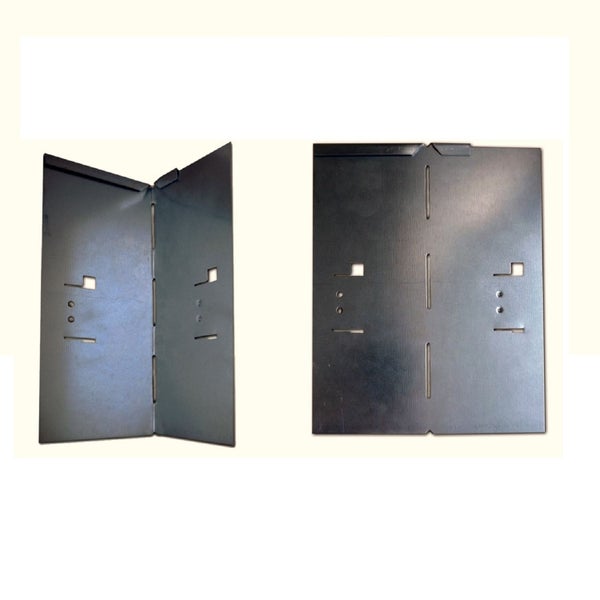 Metallplatte mit Aussparungen, Front- und Seitenansicht