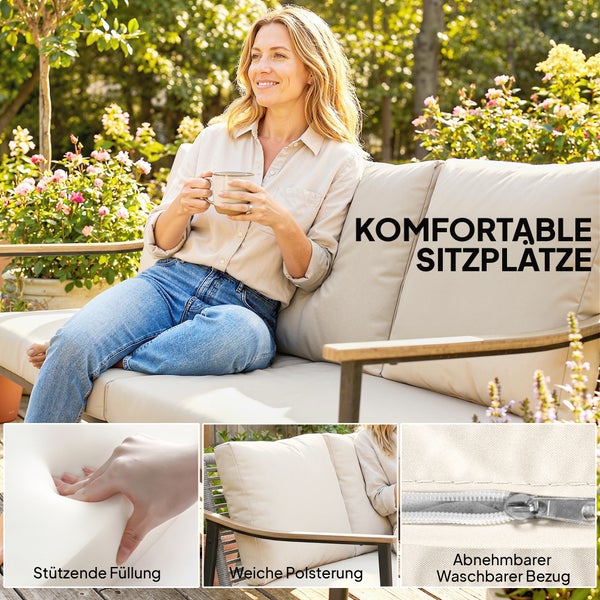 Frau auf Gartensofa mit Polstern; Detailansichten zeigen stützende Füllung, weiche Polsterung und abnehmbaren, waschbaren Bezug mit Reißverschluss.