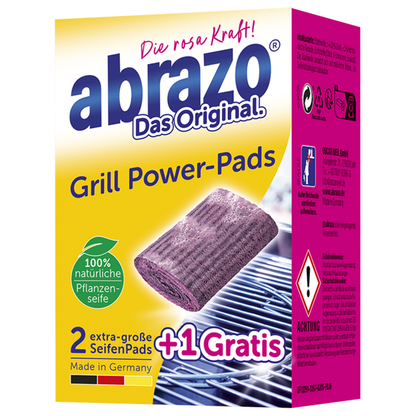 abrazo Grill Power-Pads, 2 Stück plus 1 gratis, Reinigungspads mit 100 Prozent natürlicher Pflanzenseife für Grillroste.