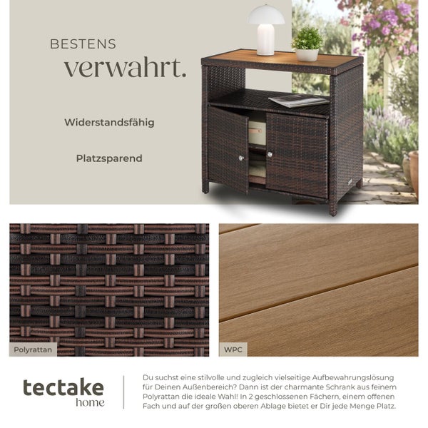 Garten-Aufbewahrungsschrank aus Polyrattan mit oberer Ablage, offenem Fach und Schrankfach mit zwei Türen sowie Materialdetails. Tectake Home Logo.