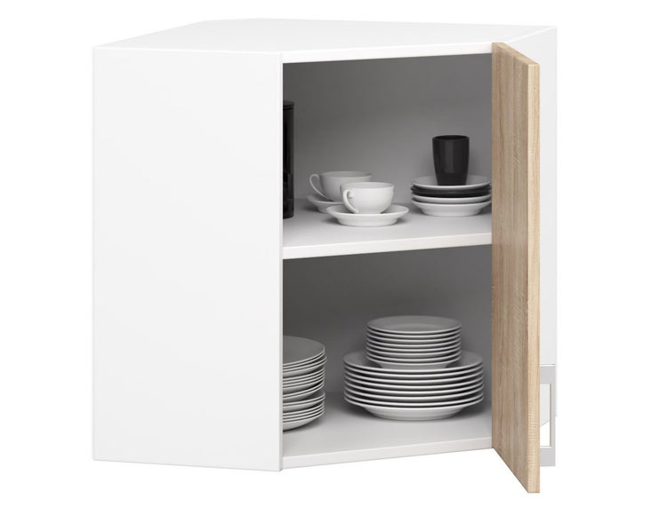 Offener weißer Eckhängeschrank mit Geschirr