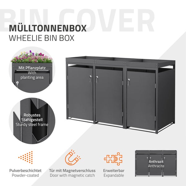 Dreiteilige Mülltonnenbox aus Stahl mit Pflanzdach, pulverbeschichtet, Türen mit Magnetverschluss und erweiterbar.