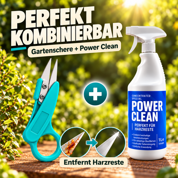 Gartenschere und Power Clean Reiniger im Set zur Entfernung von Harzresten auf Klingen vor einem Gartenhintergrund.