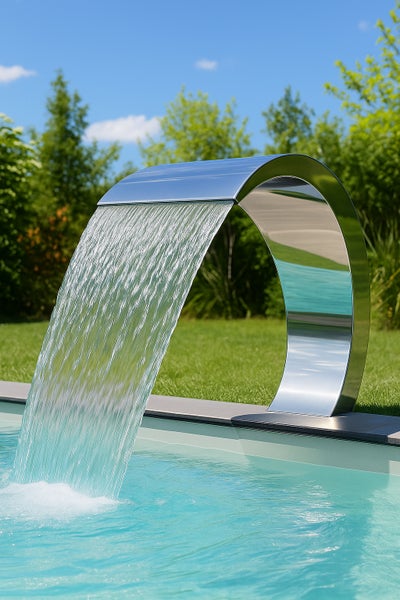 Schwalldusche aus Edelstahl am Rand eines Pools in einem Garten.