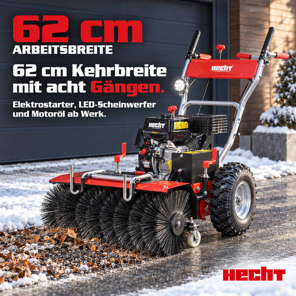 Hecht Kehrmaschine mit 62 Zentimeter Arbeitsbreite, acht Gängen, Elektrostarter und LED Scheinwerfer auf einer verschneiten Auffahrt.