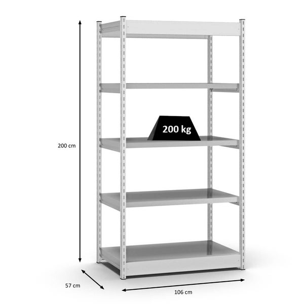 PROREGAL Fachbodenregal Stecksystem Vierkant-Profil Grundregal HxBxT 200 x 102,5 x 50 cm 5 Ebenen Einseitige Bauart Fachlast 200 kg Lichtgrau