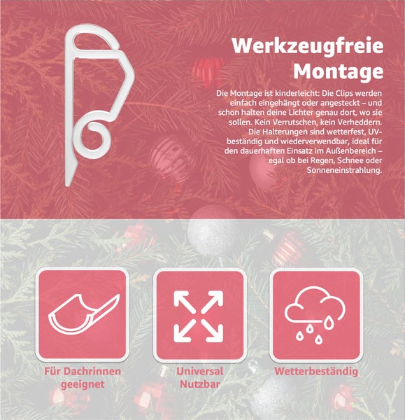 Produktinformationen zu Befestigungsclips für den Außenbereich: einfache Montage, geeignet für Dachrinnen, universell nutzbar und wetterbeständig.