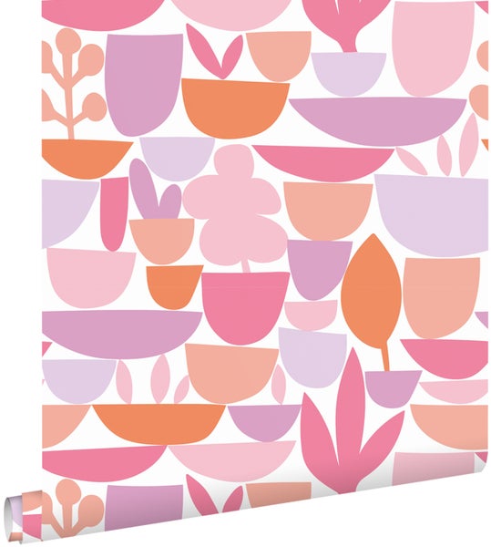 ESTAhome Tapete Keramik und Pflanzen Rosa, Lila und Orange - 50 x 900 cm - 131075