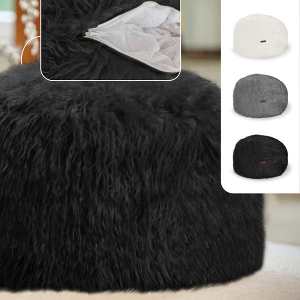 Green Bean runder Sitzpouf Felloptik in 3 Farben - Sitzhocker mit Füllung - Maße 45 x 25 cm - perfekte Ergänzung zum Sitzsack - Sitzwürfel Sitzkissen Hocker Sitzhocker Schwarz
