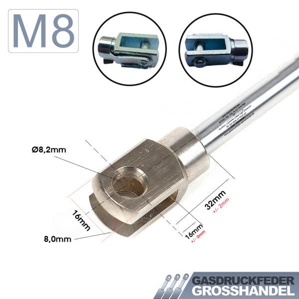 Gabelkopf M8 für Gasdruckfeder mit Maßangaben in Millimeter für Bohrung, Breite und Länge. Gasdruckfeder Grosshandel Logo.