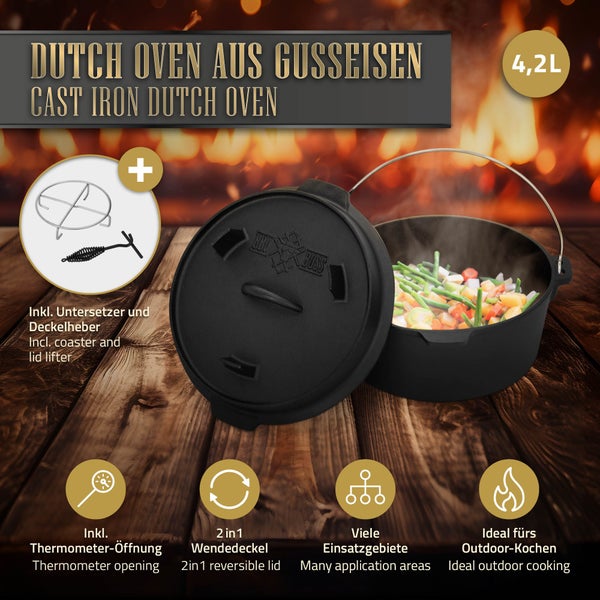 BBQ#BOSS Dutch Oven Set BBQ 4,2 Liter, Eingebrannter Feuertopf aus Gusseisen, Kochtopf mit Deckelheber und Edelstahluntersetzer, Schmortopf mit Schlitz für Themormeter, Grilltopf für Outdoor & Indoor