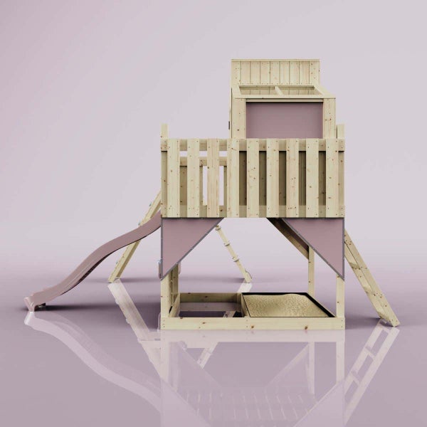 Spielturm aus Holz mit Wellenrutsche, Sandkasten, Kletterleiter und erhöhtem Podest mit Holzzaun.