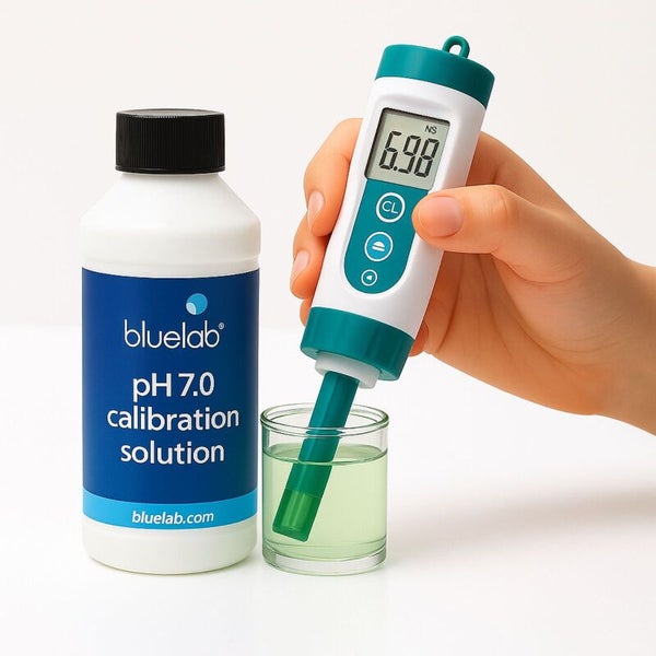 Bluelab pH-Wert Messgerät wird mit pH 7.0 Kalibrierlösung kalibriert.