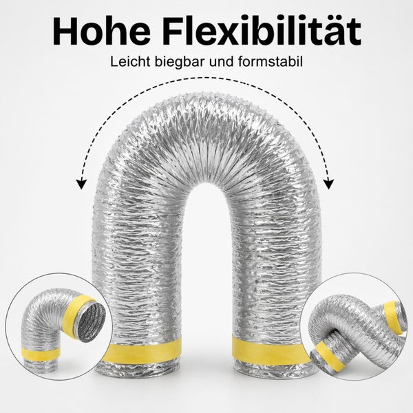 Flexibler Aluminium-Lüftungsschlauch, U-förmig gebogen, demonstriert hohe Flexibilität und Formstabilität mit Detailansichten von engen Biegungen.