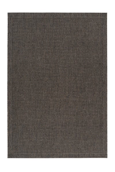 Flachgewebter Teppich für den Innen- und Außenbereich in Dunkelgrau mit strukturierter Oberfläche und umlaufender Bordüre.