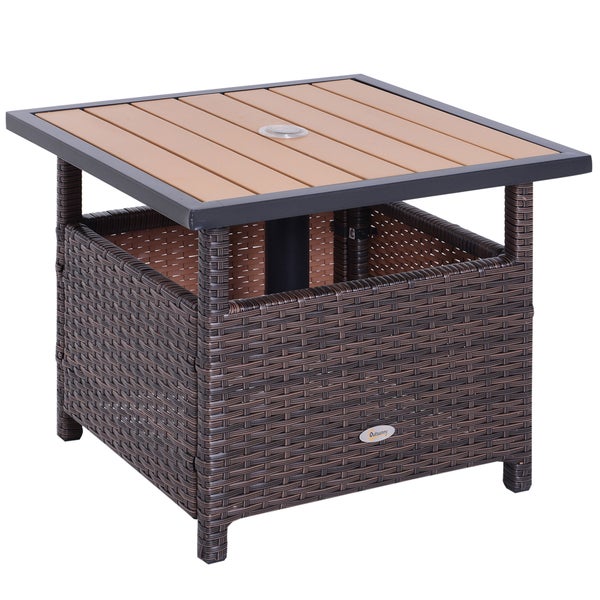Outsunny Polyrattan Beistelltisch Gartentisch Terrassentisch Schirmständer für Sonnenschirm inkl. Sandsack Braun 55,5 x 55,5 x 46 cm