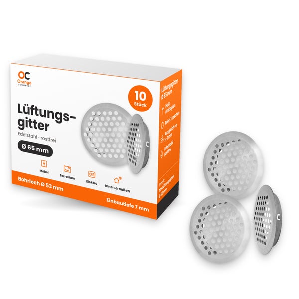 Set mit 10 runden Lüftungsgittern aus Edelstahl, 65 Millimeter Durchmesser für Möbel, Terrarien und Elektroinstallationen.