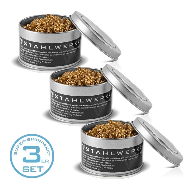 Drei Stahlwerk Lötkolbenreinigungssets mit Messingwolle und Flussmittel